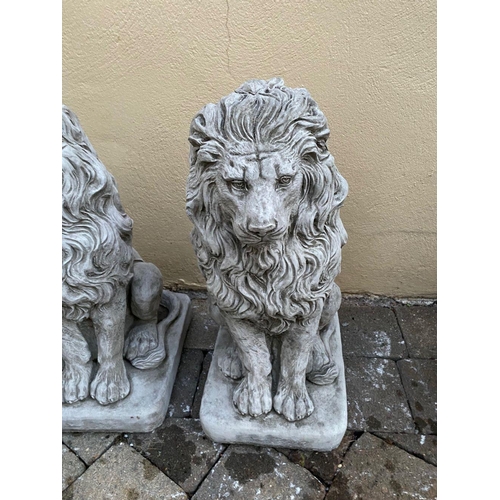 220 - A LOVELY PAIR OF GARDEN ORNAMENTS IN THE FORM OF SEATED LIONS, with beautiful flowing manes. 59cm ta... 