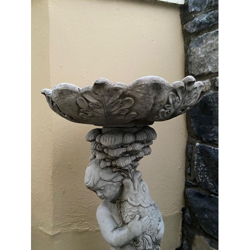 224 - A GARDEN ORNAMENT IN THE FORM OF A BIRD BATH, the bath on top with scalloped edge & foliage decorati... 