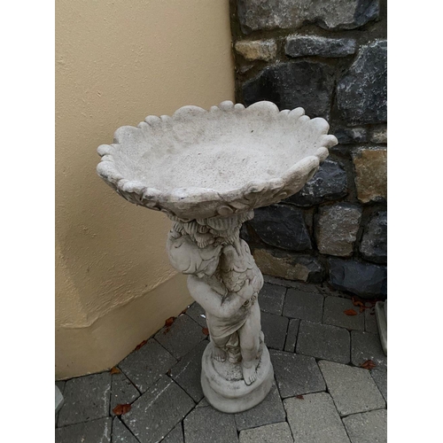 224 - A GARDEN ORNAMENT IN THE FORM OF A BIRD BATH, the bath on top with scalloped edge & foliage decorati... 