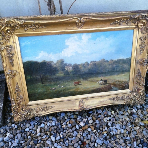 228 - A FINE GILT-FRAMED 19TH CENTURY PASTORAL SCENE, with a house to the background and farm animals to t... 