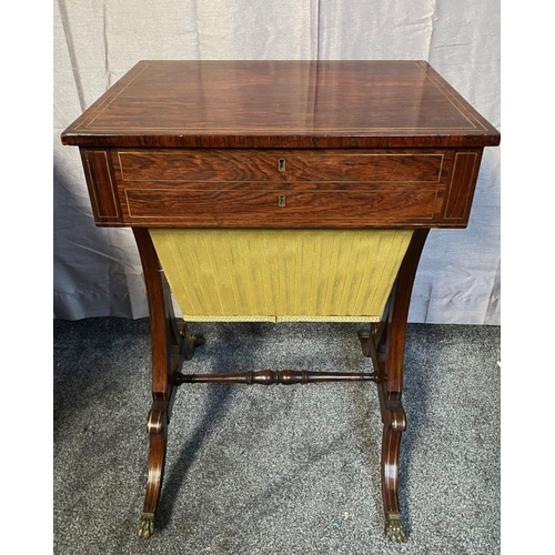 23 - A VERY GOOD REGENCY ROSEWOOD BRASS INLAID WORK TABLE / LAMP TABLE, with brass string inlaid detail o... 