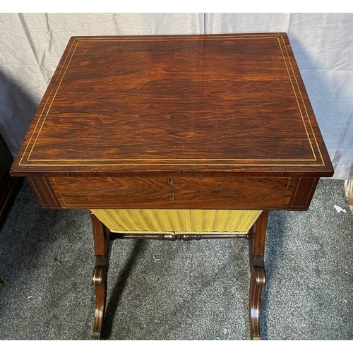 23 - A VERY GOOD REGENCY ROSEWOOD BRASS INLAID WORK TABLE / LAMP TABLE, with brass string inlaid detail o... 