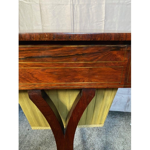 23 - A VERY GOOD REGENCY ROSEWOOD BRASS INLAID WORK TABLE / LAMP TABLE, with brass string inlaid detail o... 