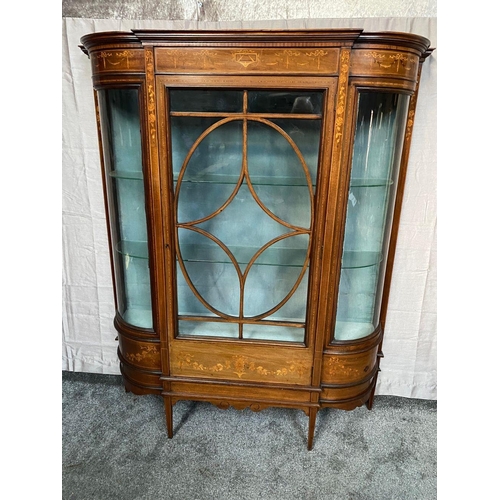 24 - AN EDWARDIAN GLAZED DISPLAY CABINET, with stepped pediment top over an inlaid frieze; depicting ribb... 