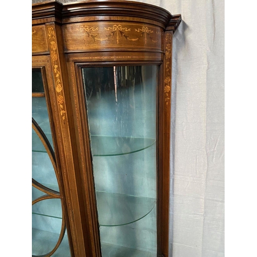 24 - AN EDWARDIAN GLAZED DISPLAY CABINET, with stepped pediment top over an inlaid frieze; depicting ribb... 