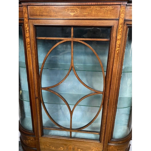 24 - AN EDWARDIAN GLAZED DISPLAY CABINET, with stepped pediment top over an inlaid frieze; depicting ribb... 