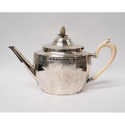 27 - A VERY GOOD QUALITY ART DECO PERIOD SILVER TEA POT, oval in shape with a raised pineapple finial to ... 