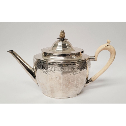 27 - A VERY GOOD QUALITY ART DECO PERIOD SILVER TEA POT, oval in shape with a raised pineapple finial to ... 