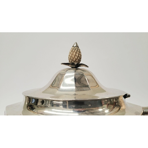 27 - A VERY GOOD QUALITY ART DECO PERIOD SILVER TEA POT, oval in shape with a raised pineapple finial to ... 