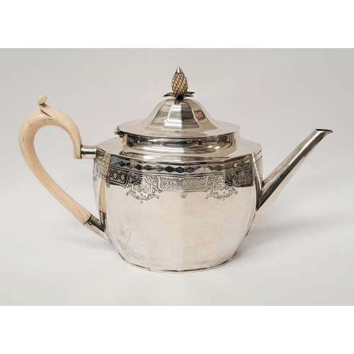 27 - A VERY GOOD QUALITY ART DECO PERIOD SILVER TEA POT, oval in shape with a raised pineapple finial to ... 