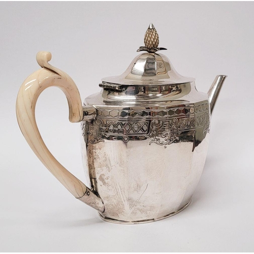 27 - A VERY GOOD QUALITY ART DECO PERIOD SILVER TEA POT, oval in shape with a raised pineapple finial to ... 