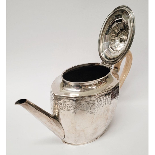 27 - A VERY GOOD QUALITY ART DECO PERIOD SILVER TEA POT, oval in shape with a raised pineapple finial to ... 