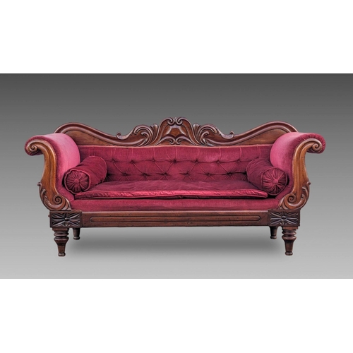 3 - A VERY BEAUTIFUL WILLIAM IV MAHOGANY FRAMED SOFA, the camel shaped back with fantastic carved scroll... 