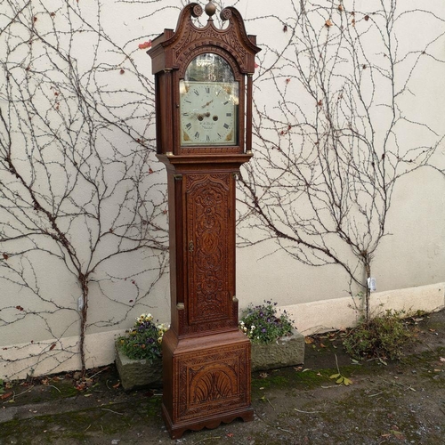 30 - A FANTASTIC MID 19TH CENTURY CARVED OAK GRANDFATHER CLOCK, circa 1850 with a swan pediment over the ... 