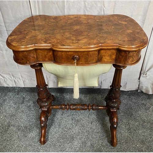 35 - A STUNNING ANTIQUE WALNUT SERPENTINE SHAPED SIDE POD LADY’S WORK BOX TABLE, the shaped top is hinged... 