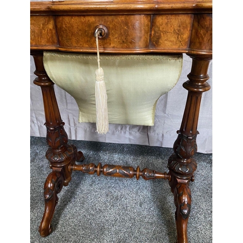 35 - A STUNNING ANTIQUE WALNUT SERPENTINE SHAPED SIDE POD LADY’S WORK BOX TABLE, the shaped top is hinged... 