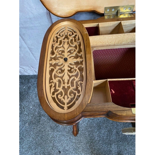 35 - A STUNNING ANTIQUE WALNUT SERPENTINE SHAPED SIDE POD LADY’S WORK BOX TABLE, the shaped top is hinged... 