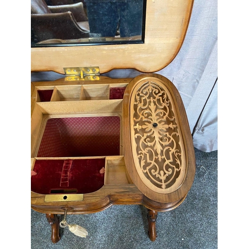 35 - A STUNNING ANTIQUE WALNUT SERPENTINE SHAPED SIDE POD LADY’S WORK BOX TABLE, the shaped top is hinged... 