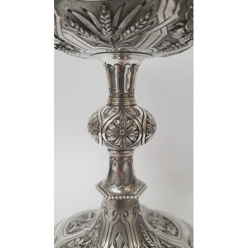 47 - A VERY DECORATIVE IRISH SILVER & GILT CIBORIUM, the lid with a cross finial, the bowl decorated with... 