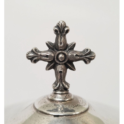 47 - A VERY DECORATIVE IRISH SILVER & GILT CIBORIUM, the lid with a cross finial, the bowl decorated with... 