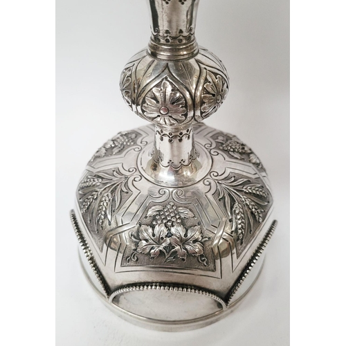 47 - A VERY DECORATIVE IRISH SILVER & GILT CIBORIUM, the lid with a cross finial, the bowl decorated with... 