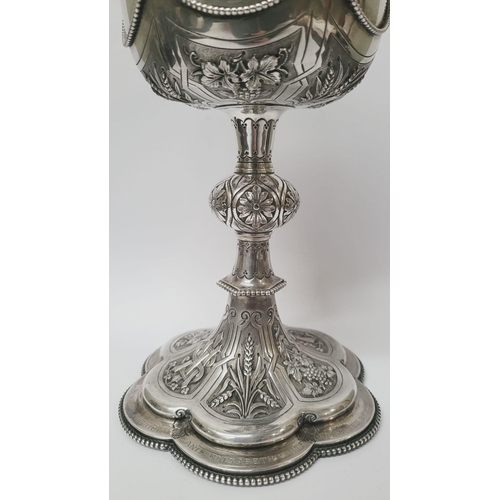 47 - A VERY DECORATIVE IRISH SILVER & GILT CIBORIUM, the lid with a cross finial, the bowl decorated with... 