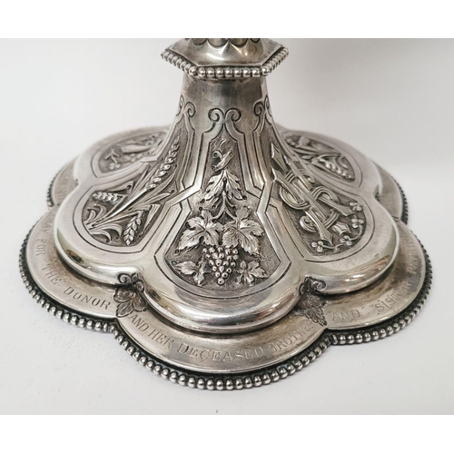 47 - A VERY DECORATIVE IRISH SILVER & GILT CIBORIUM, the lid with a cross finial, the bowl decorated with... 