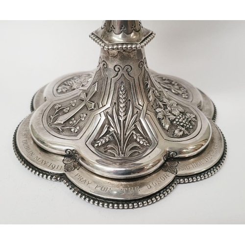 47 - A VERY DECORATIVE IRISH SILVER & GILT CIBORIUM, the lid with a cross finial, the bowl decorated with... 