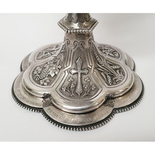 47 - A VERY DECORATIVE IRISH SILVER & GILT CIBORIUM, the lid with a cross finial, the bowl decorated with... 