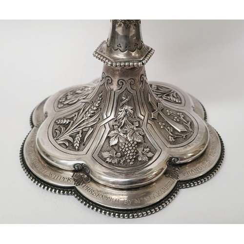 47 - A VERY DECORATIVE IRISH SILVER & GILT CIBORIUM, the lid with a cross finial, the bowl decorated with... 