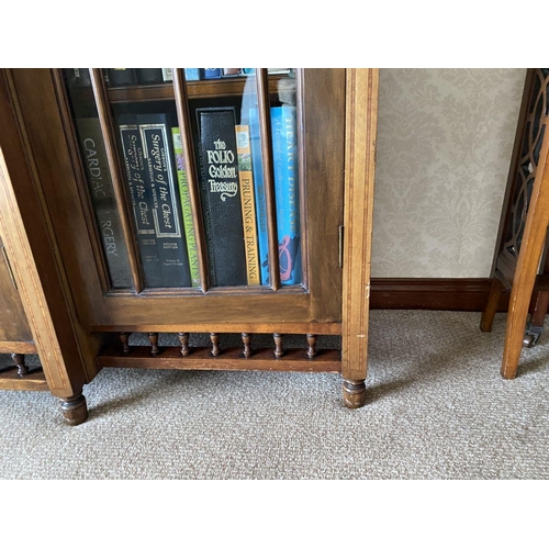 49 - A FINE ASTRAL GLAZED BREAKFRONT THREE DOOR DISPLAY CABINET, with three quarter gallery to top above ... 