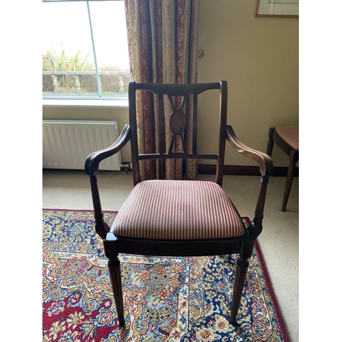 55 - A SET OF FOUR MAHOGANY EDWARDIAN DINING CHAIRS AND TWO CARVERS, with pierced back splat, fluted armr... 