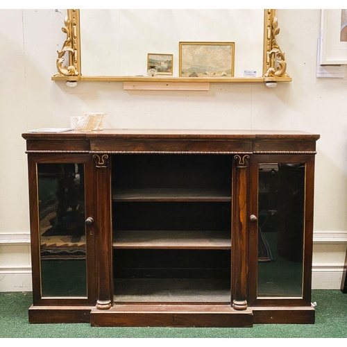 56 - A 19TH CENTURY IRISH ROSEWOOD BREAKFRONT FLOOR BOOKCASE, the top having square edge with molding abo... 