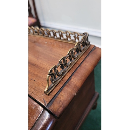 58 - A VERY FINE 19TH CENTURY MAHOGANY LEATHER TOPPED WRITING DESK, 	the top with brass gallery railing a... 