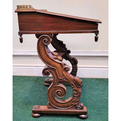 58 - A VERY FINE 19TH CENTURY MAHOGANY LEATHER TOPPED WRITING DESK, 	the top with brass gallery railing a... 