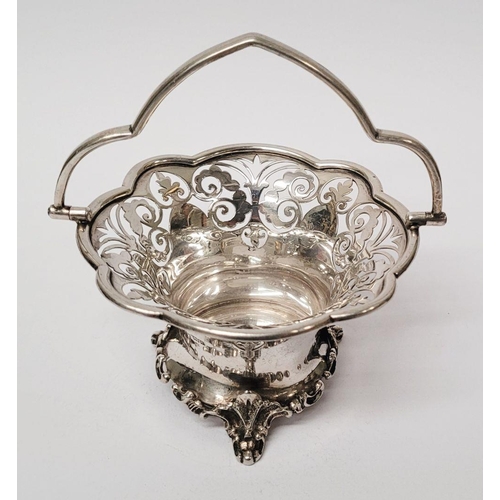 6 - A BEAUTIFUL EARLY 19TH CENTURY SOLID SILVER SCALLOP EDGED BASKET WITH SWING HANDLE, decorated with a... 