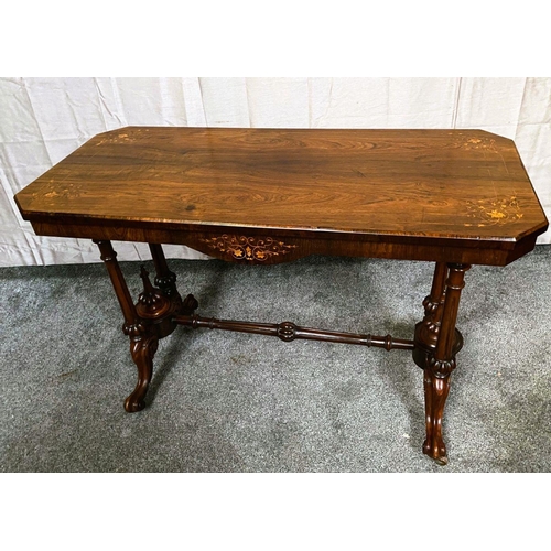 61 - A BEAUTIFUL VICTORIAN ROSEWOOD SATINWOOD INLAID SOFA TABLE, with canted corners, decorated with deli... 