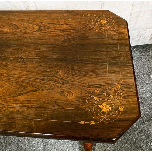 61 - A BEAUTIFUL VICTORIAN ROSEWOOD SATINWOOD INLAID SOFA TABLE, with canted corners, decorated with deli... 