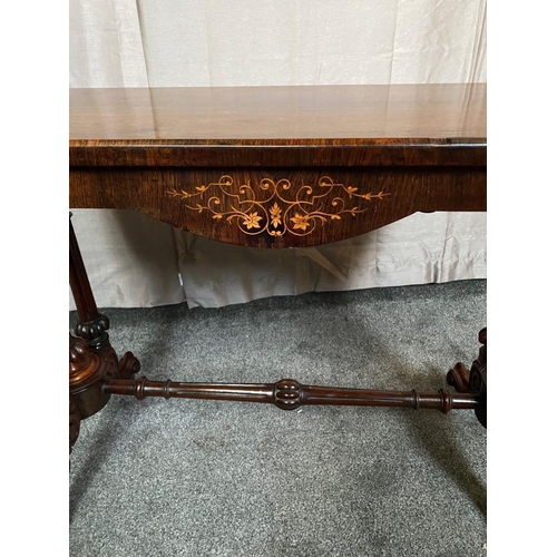 61 - A BEAUTIFUL VICTORIAN ROSEWOOD SATINWOOD INLAID SOFA TABLE, with canted corners, decorated with deli... 