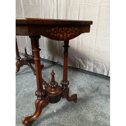 61 - A BEAUTIFUL VICTORIAN ROSEWOOD SATINWOOD INLAID SOFA TABLE, with canted corners, decorated with deli... 