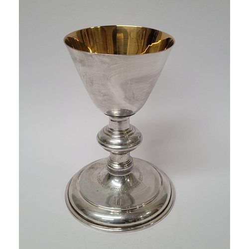 65 - AN IRISH GILT INTERIOR CHALICE, with solid silver bowl, the circular base engraved with the words: D... 