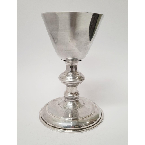 65 - AN IRISH GILT INTERIOR CHALICE, with solid silver bowl, the circular base engraved with the words: D... 