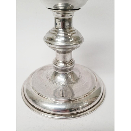 65 - AN IRISH GILT INTERIOR CHALICE, with solid silver bowl, the circular base engraved with the words: D... 