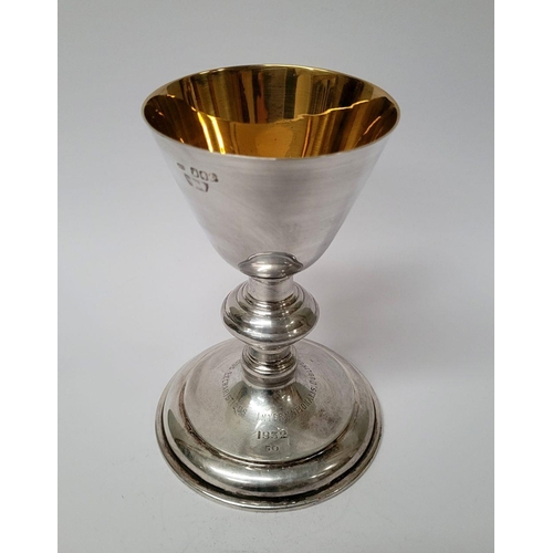 65 - AN IRISH GILT INTERIOR CHALICE, with solid silver bowl, the circular base engraved with the words: D... 