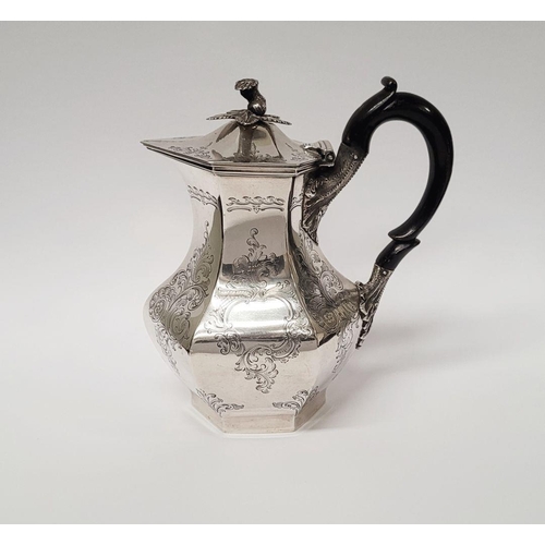 7 - A VERY FINE IRISH 19TH CENTURY SILVER HOT WATER/MILK POT / TEA POT, decorated all over with scrollin... 