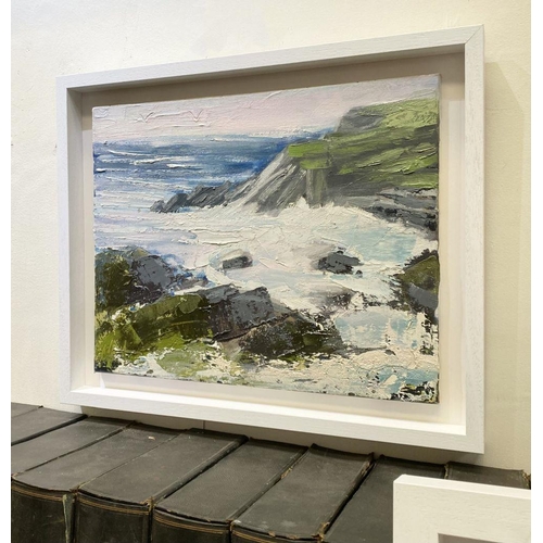 74 - MARTIN STONE (Irish, 20th Century), ‘ROCKS + SEA WEST CORK’, oil on canvas, signed lower left, inscr... 