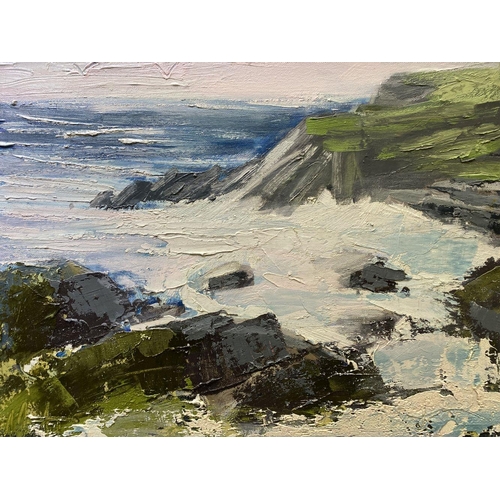 74 - MARTIN STONE (Irish, 20th Century), ‘ROCKS + SEA WEST CORK’, oil on canvas, signed lower left, inscr... 