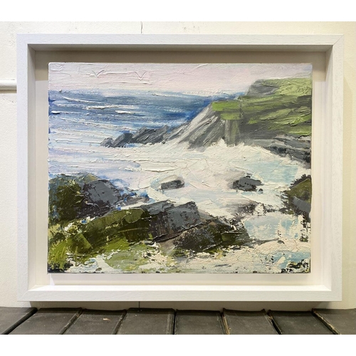 74 - MARTIN STONE (Irish, 20th Century), ‘ROCKS + SEA WEST CORK’, oil on canvas, signed lower left, inscr... 