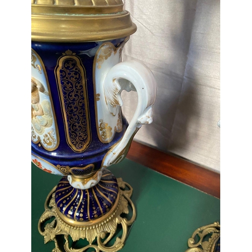 78 - A FANTASTIC PAIR OF VICTORIAN PORCELAIN & BRASS OIL LAMPS, complete with frosted globe shaped lamp s... 