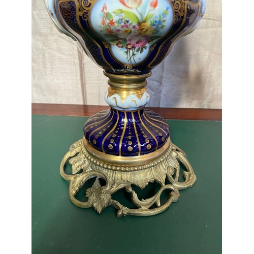 78 - A FANTASTIC PAIR OF VICTORIAN PORCELAIN & BRASS OIL LAMPS, complete with frosted globe shaped lamp s... 